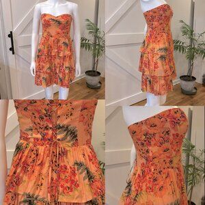 Botanical Lace Up Back Sweetheart Neckline Babydoll Tiered Strapless Mini Dress